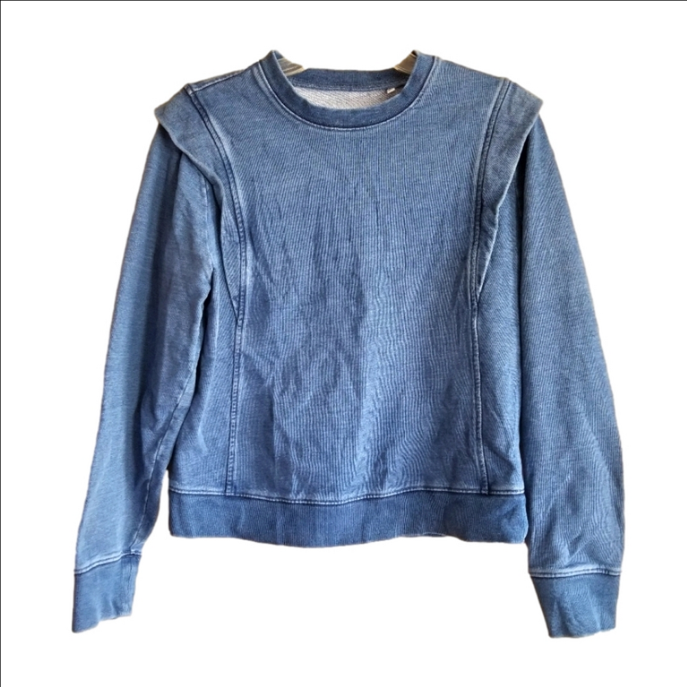 7 for All Mankind Pullover Crewneck Denim Chambray Blue Ridge Ruffle Sweater M